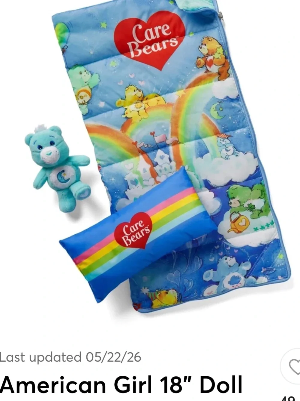 American Girl Doll Care Bears Blue Rainbow Sleeping Bag Set